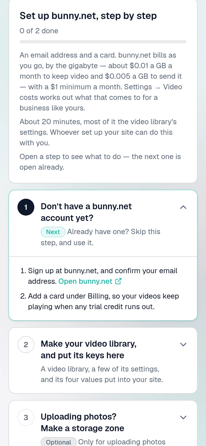 Connecting a video host: how to open a bunny.net account and set it up, start to finish, with what it costs.