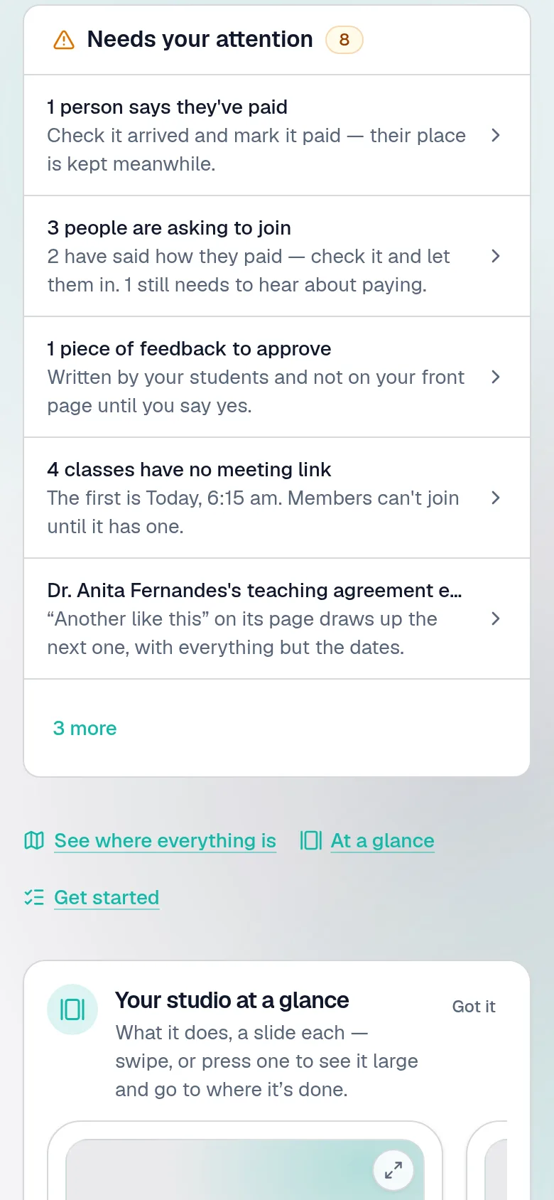 The overview's list of what needs attention: people asking to join, feedback to approve, classes with no meeting link.