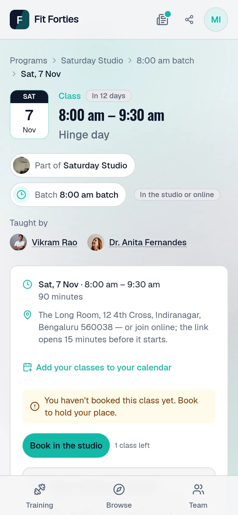 A class page for a member: its date and what it covers, a line saying she has not booked it yet, and Book, with one class left on her plan.