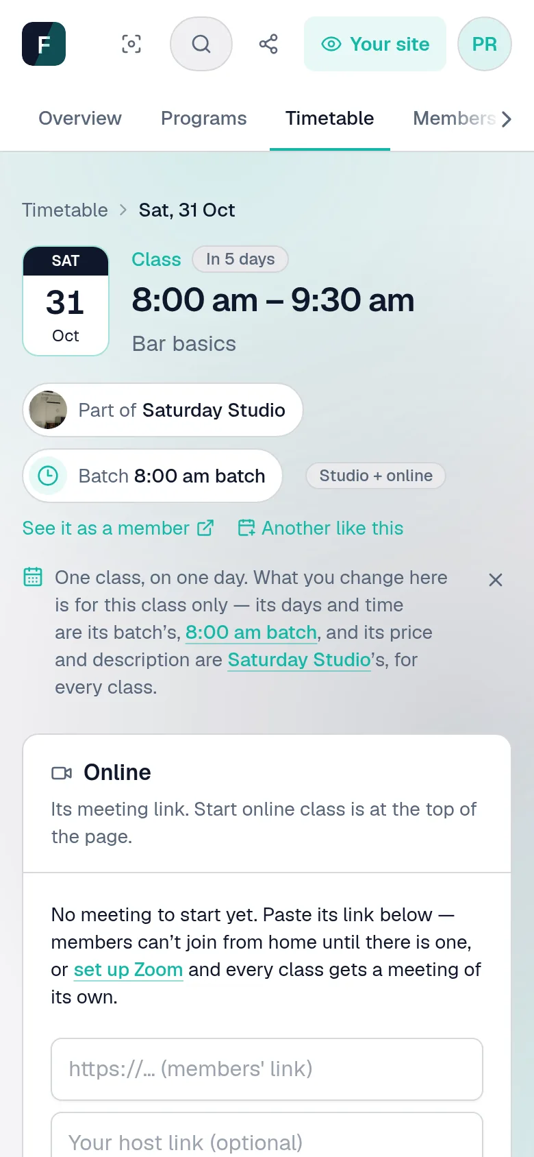 One class's own page: its date, its programme and its batch, how many of the people with a pass have booked, who is coming in the room and online, and a button for somebody at the door.