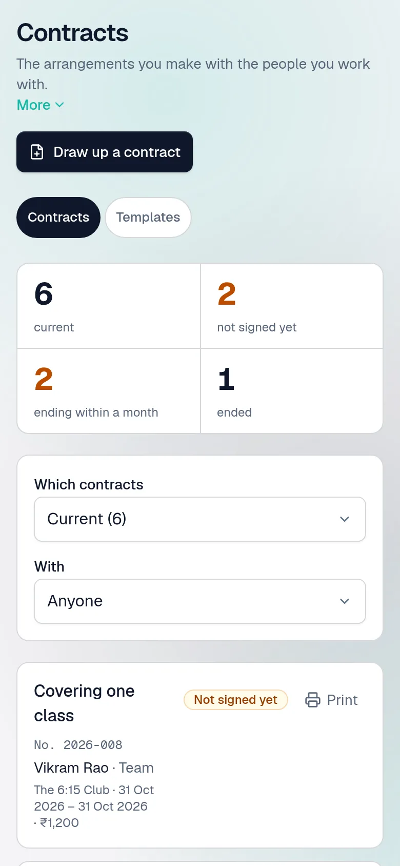 Contracts in four numbers — current, not signed yet, ending within a month, ended — above the list, each contract numbered with its state.