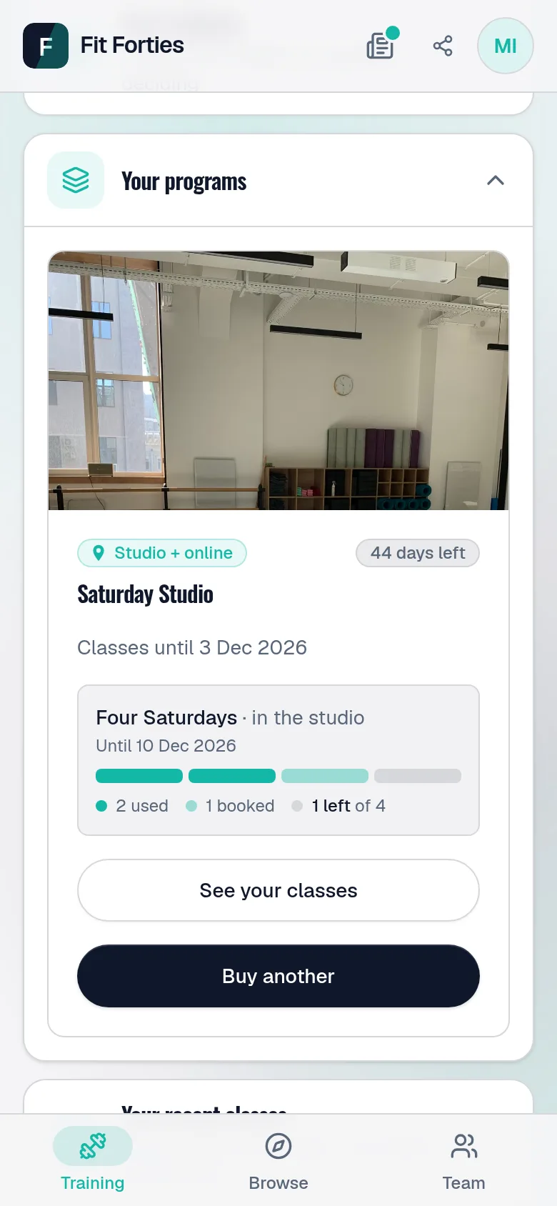 A member's dashboard: their pass with a box for each class — used, booked and left — and Buy another.