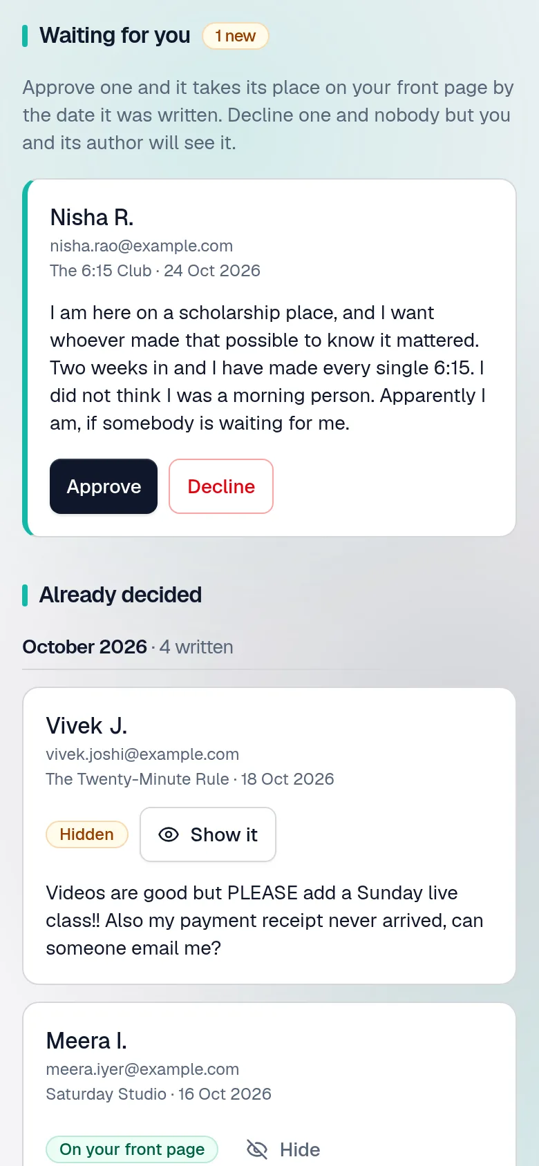 Students' feedback waiting for approval before it appears on the front page.