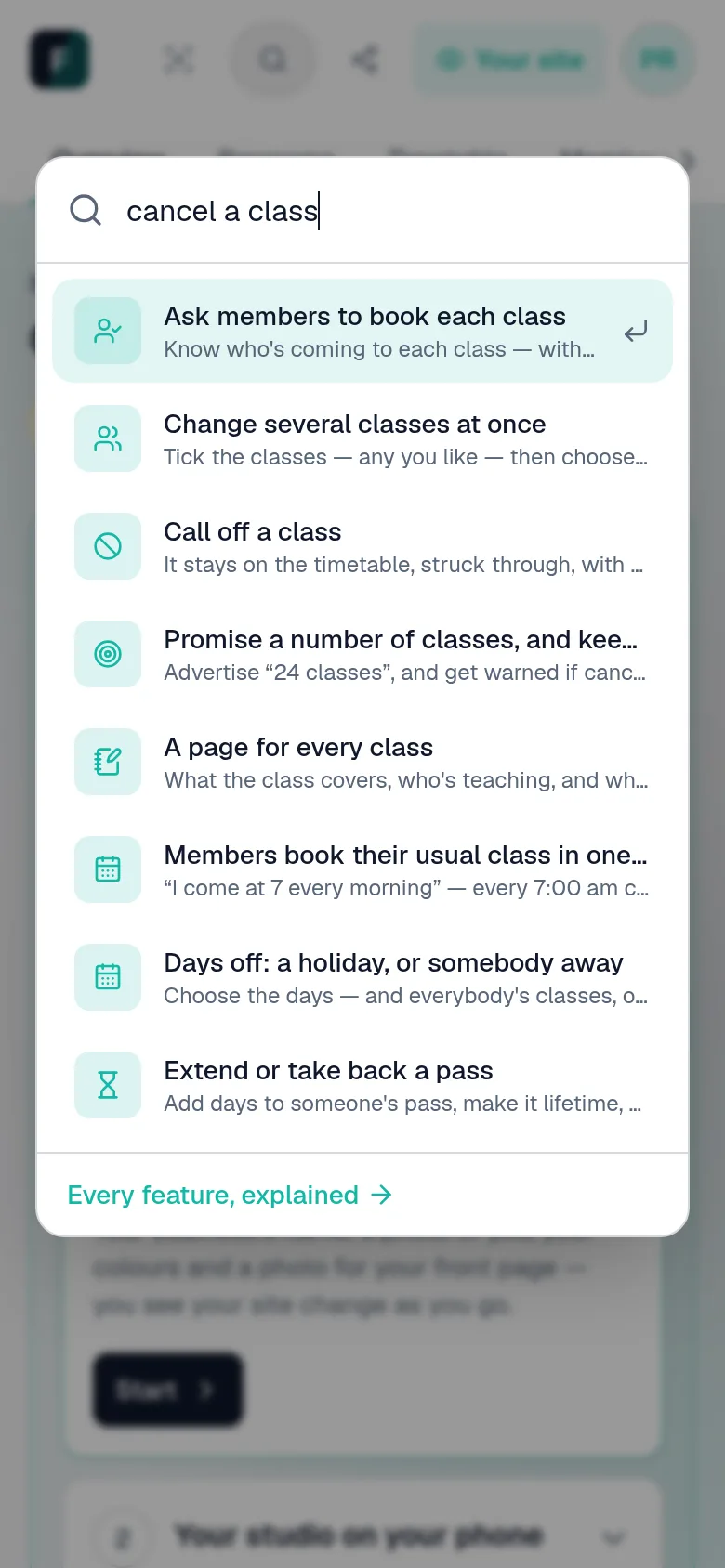 The studio's search, open over the page, with the steps for cancelling a class among the results.