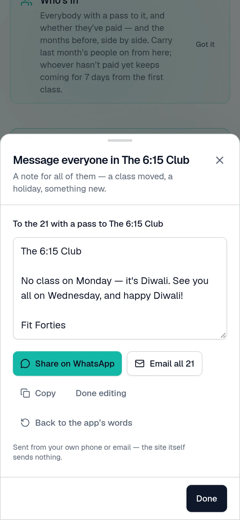 Message everyone in a programme: a note to the 7 with a pass, ready to share on WhatsApp, open in its group, or email to all.
