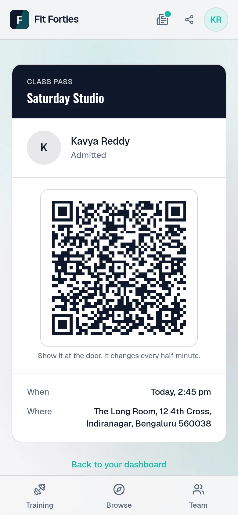 A member's pass on her phone, for a Saturday class starting soon: her name, the class, and a code for the studio to scan that changes every half minute.