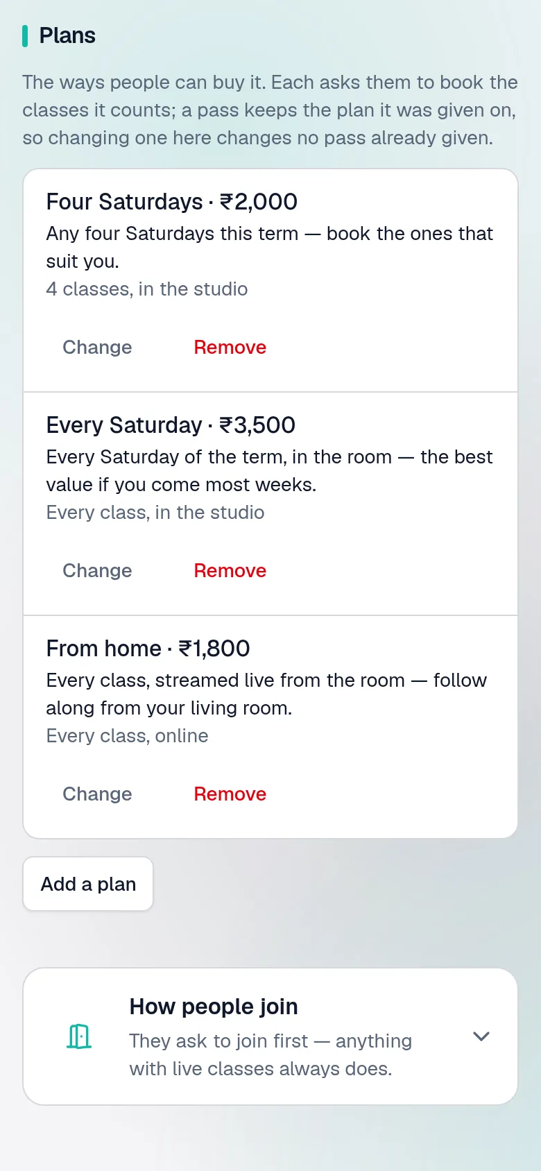 A programme's Price tab: three plans — four Saturdays, every Saturday, and from home — each with its price.