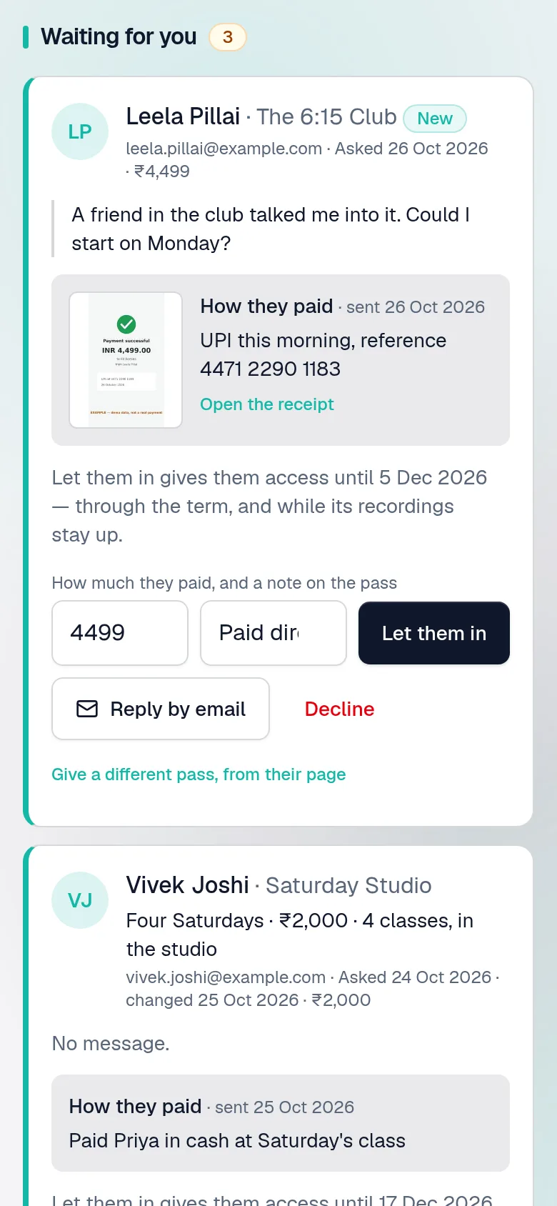 Requests to join, one with a photo of a payment receipt and the member's own words about how they paid.