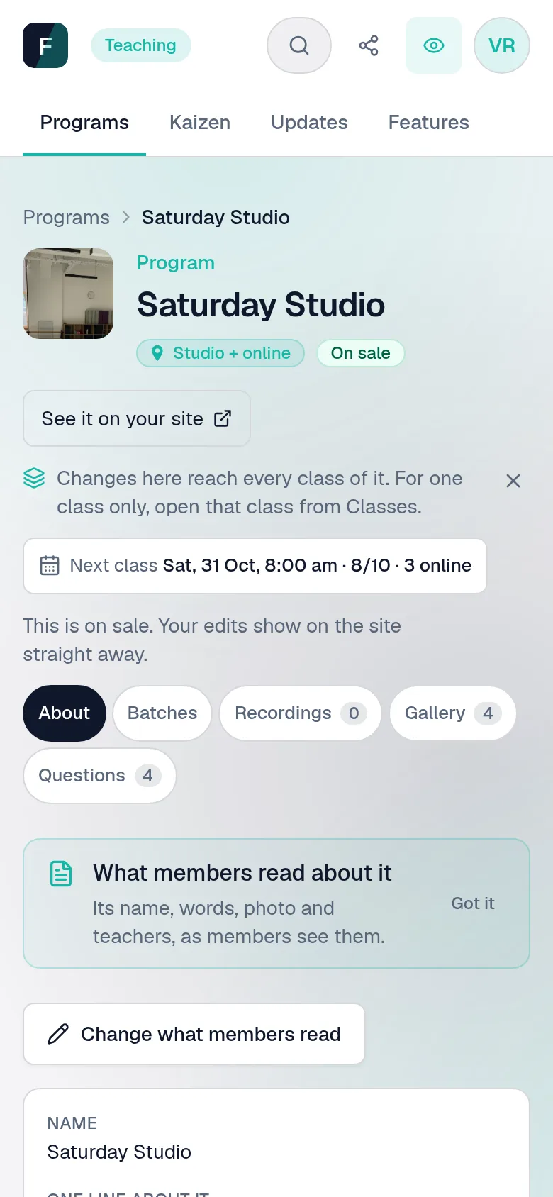A teacher's view of a programme they teach: its words, classes, recordings, gallery and questions — no price, no settings.