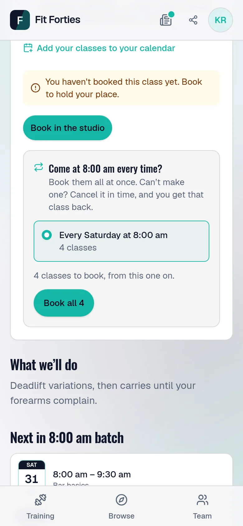 A class page for a member on an every-Saturday plan, offering to book every 8:00 am Saturday class at once.
